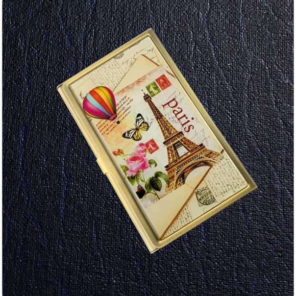 Business Card Holder, Paris Eiffel Tower Postcard, Brass & Glass Case, Gift Box - Picture 1 of 5